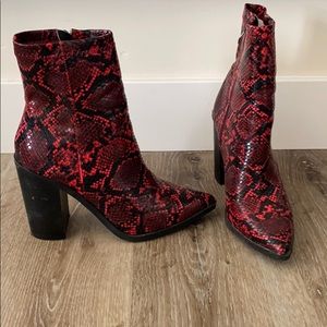 Red snakeskin booties